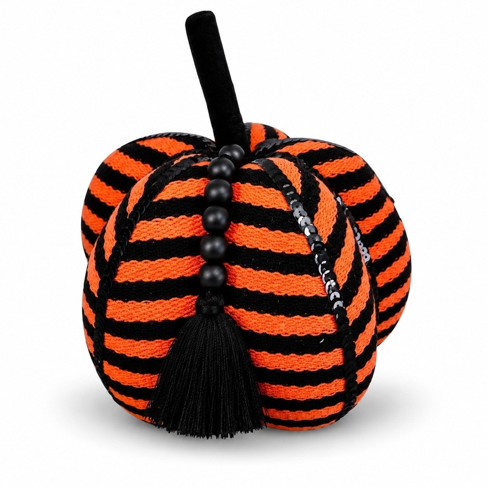 Orange & Black Striped Fabric Pumpkin Halloween Decor Sequin Beaded Tassel 11"